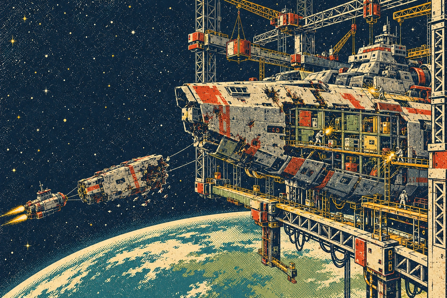 A battered warship returns to an orbital shipyard above a blue planet